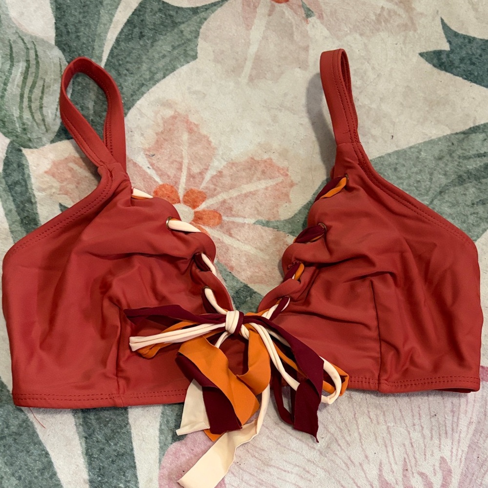 Rust Red Lace-Up Bikini Top with Multi-Color Tie 32G ASOS